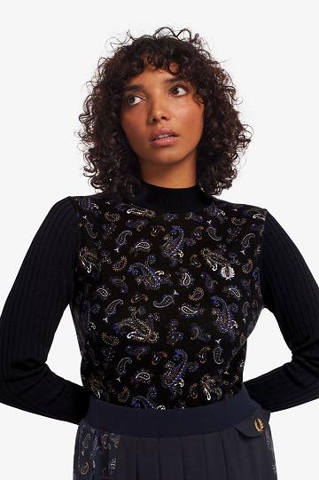 Navy Fred Perry Paisley Print Jumper Women's Knitwear | PH 1923CTVE